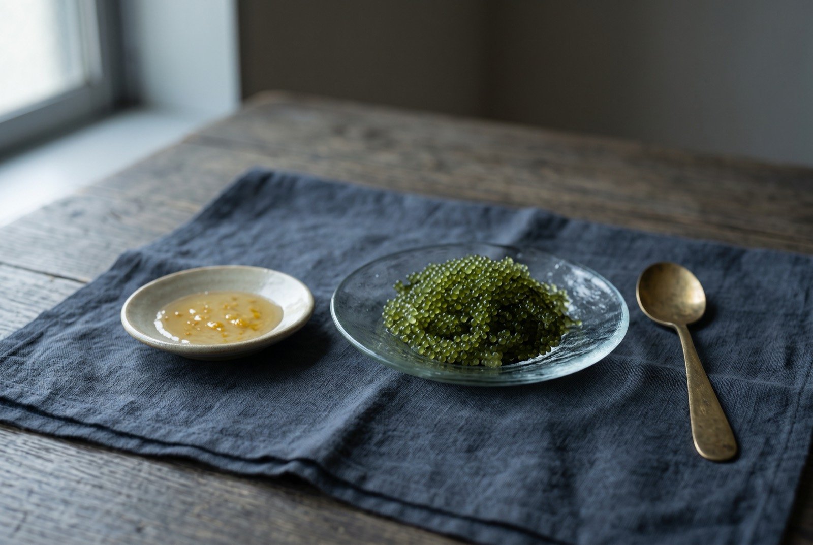 Umi budo, sea grapes with citrus dressing: a small glass dish of bright green sea grape seaweed, its tiny beaded strands glistening, with a small separate saucer of pale citrus dipping sauce alongside.