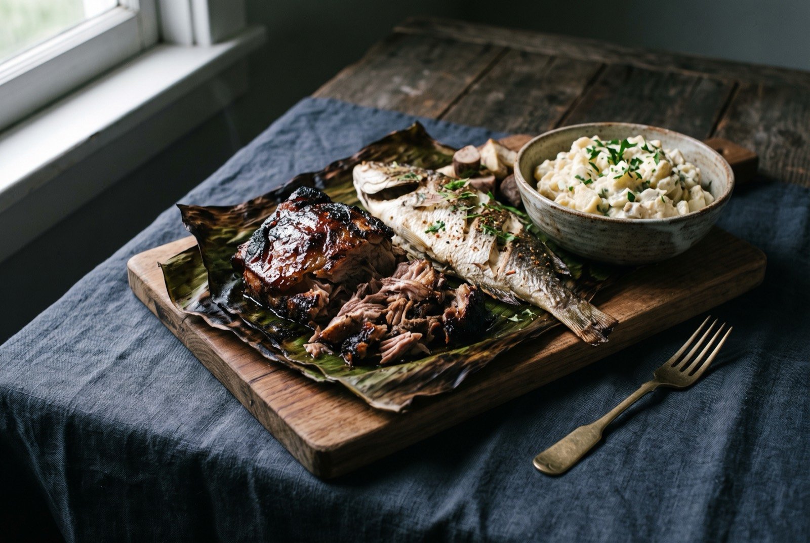 Umukai, Cook Islands earth oven feast with pork, fish and potato salad: a wide board of earth oven cooked pork and fish still on banana leaf, a bowl of pale creamy potato salad set beside it, the meat glistening and falling apart.