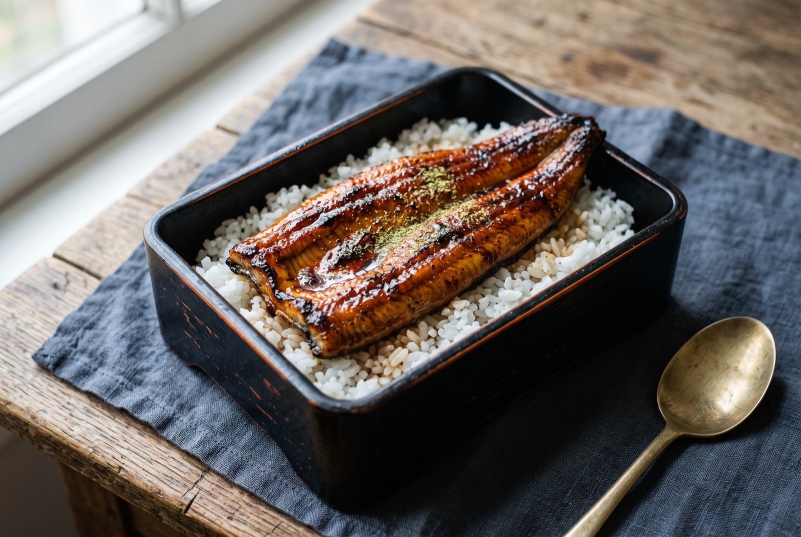 Unagi no kabayaki, grilled and glazed freshwater eel over steamed rice: a rectangular lacquered black bowl of steamed white rice, a whole butterflied fillet of eel laid over the top, its skin dark.