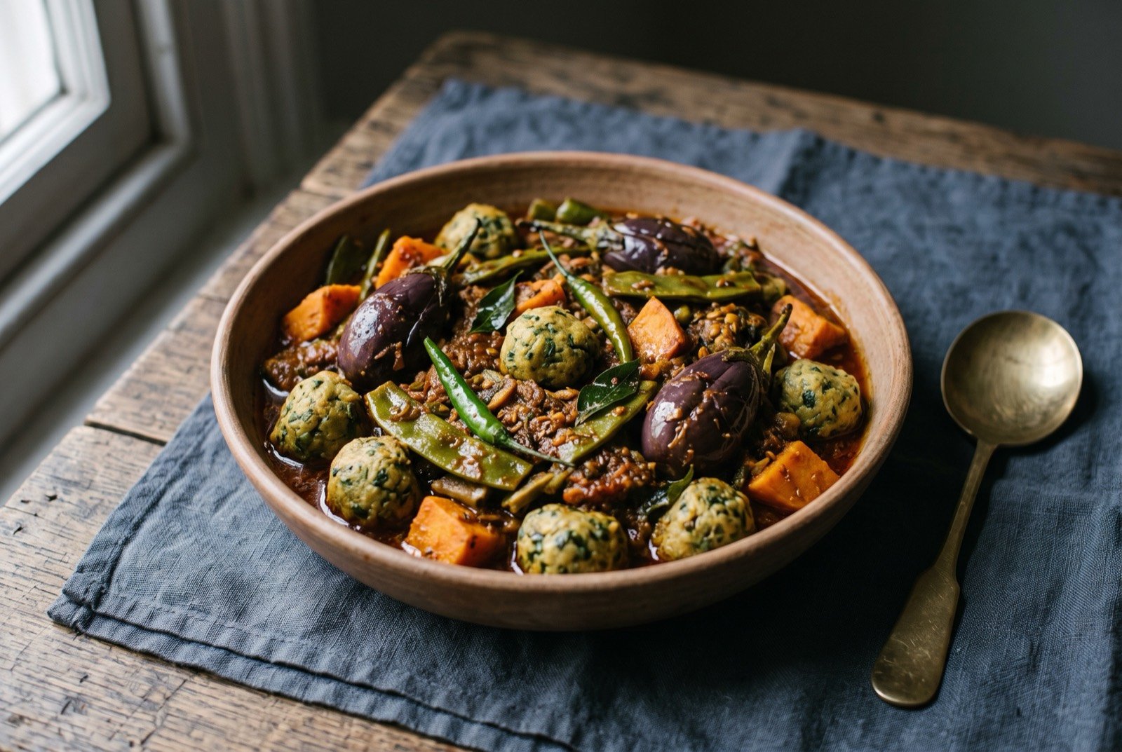 Undhiyu, a mixed winter vegetable dish slow-cooked upside down: a rustic mix of purple aubergine, green beans, small potatoes and fenugreek dumplings all coated in a thick, faintly green-brown spiced coating.
