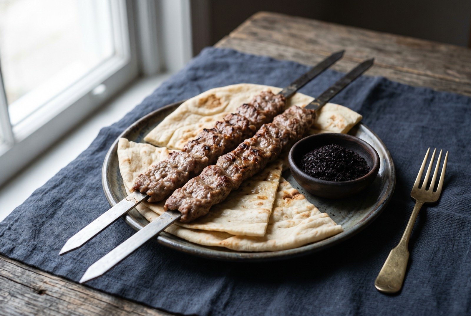 Urfa kebabı, the same hand-minced lamb kebab seasoned only with salt, served with isot: flat skewers of minced lamb, paler and less charred than Adana's version, laid over flatbread, with a small dark mound of near black isot pepper flakes served alongside in a separate dish.