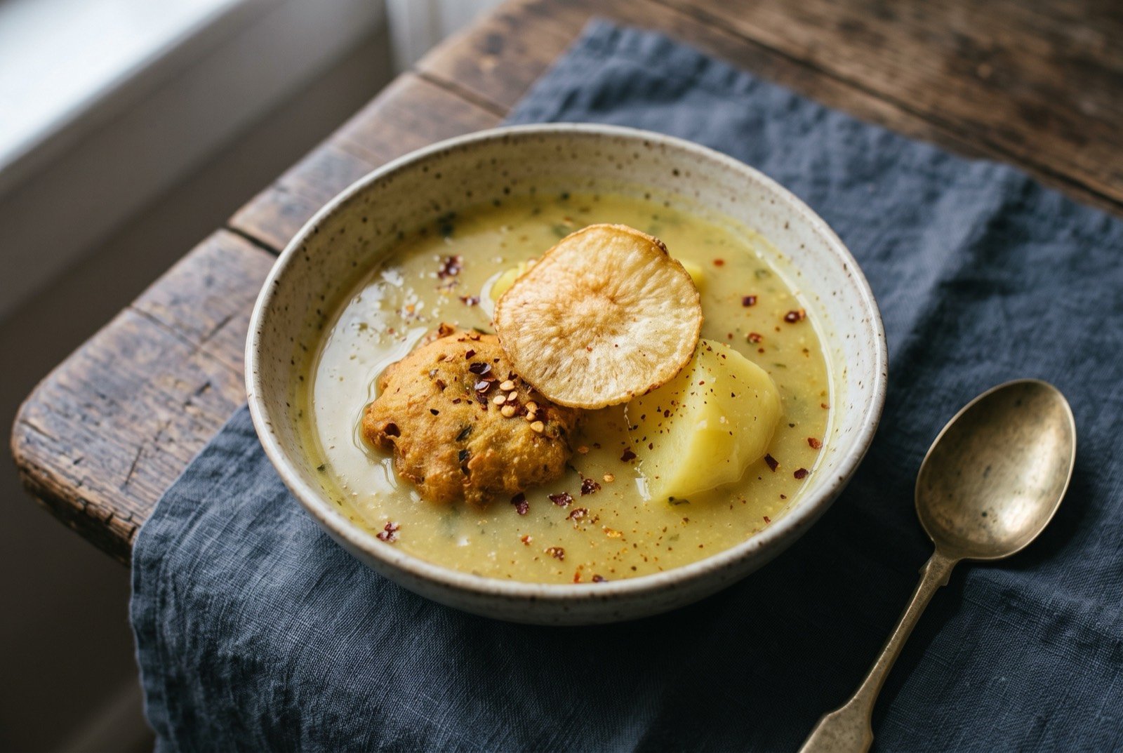 Urojo: a cloudy pale yellow tamarind and turmeric soup in a bowl, thickened and slightly viscous, with a fried bhajia, a boiled potato and a crisp cassava round sitting in it.