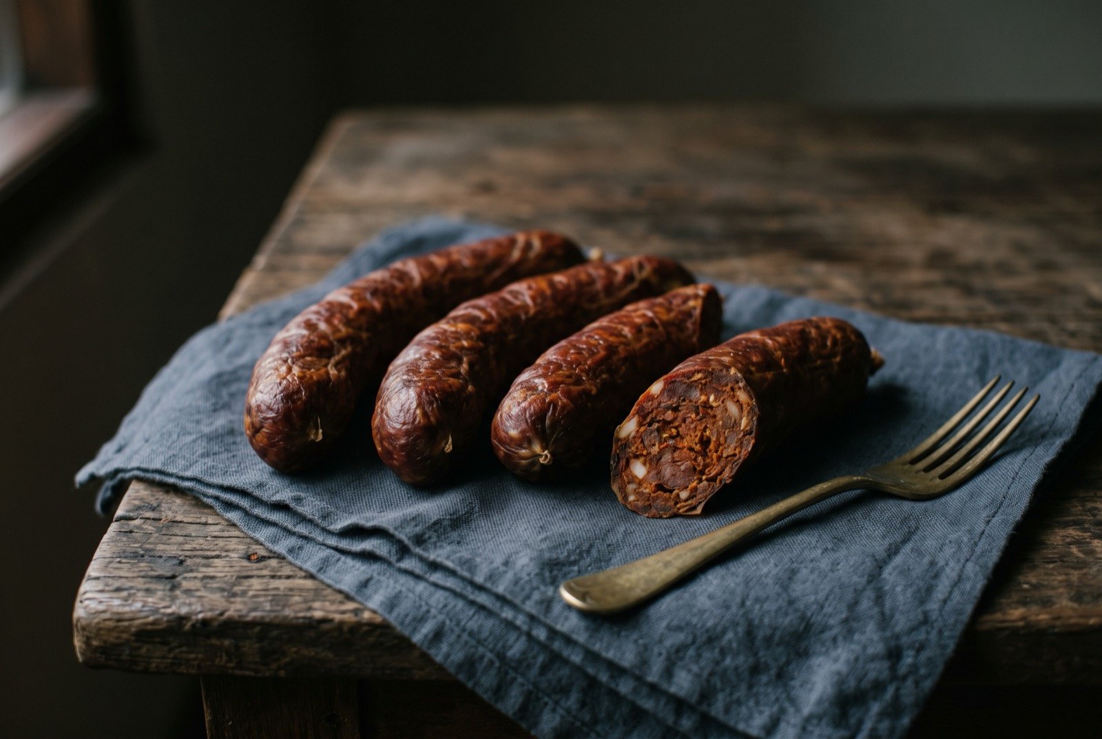 Urutan, Balinese cured pork sausage: several dark reddish-brown cured pork sausages, their casings taut and slightly wrinkled from drying, resting in a loose row.