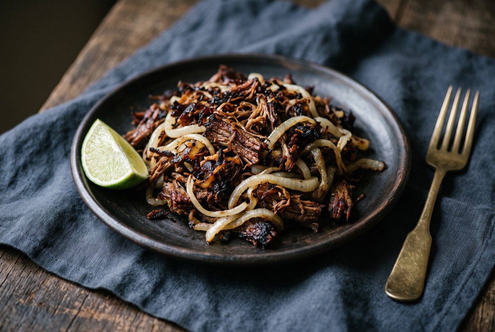Vaca frita, crisped fried shredded beef with onion: a pile of shredded beef with dark, crackling crisped edges, thin pale strands of fried white onion mixed through, a wedge of lime resting against the side of the plate.