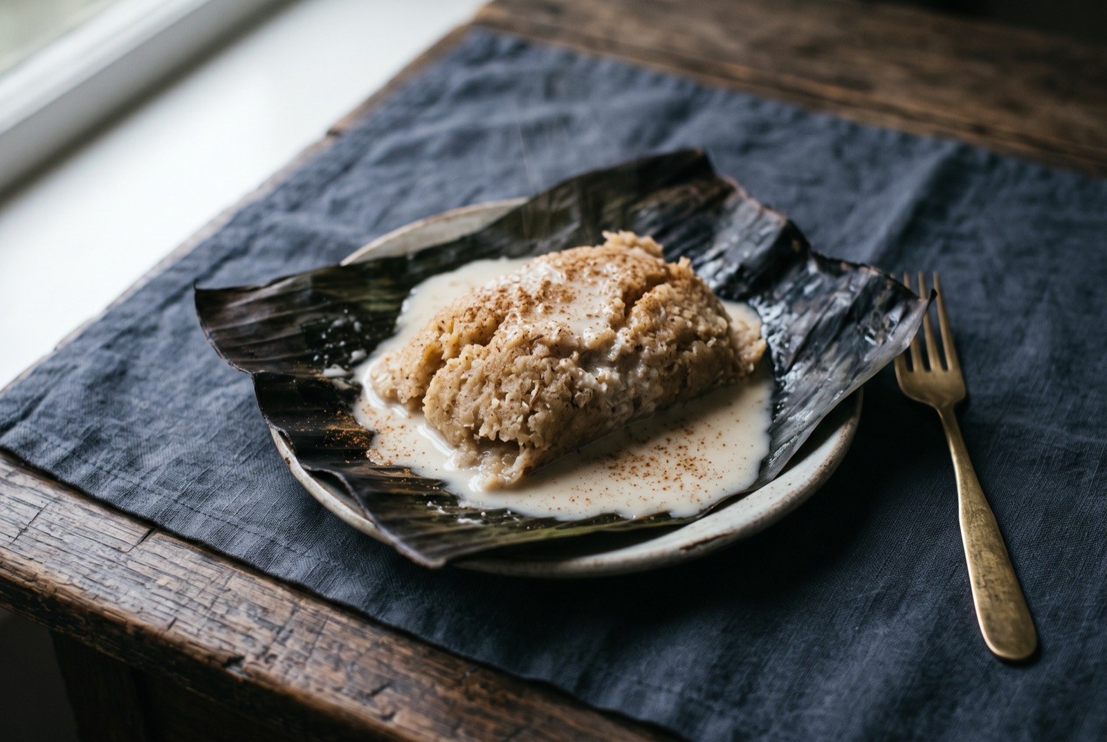 Vakalolo, steamed cassava and coconut pudding: a pale brown, coarse-textured steamed pudding of grated cassava and coconut, unwrapped from a darkened banana leaf onto a plate.