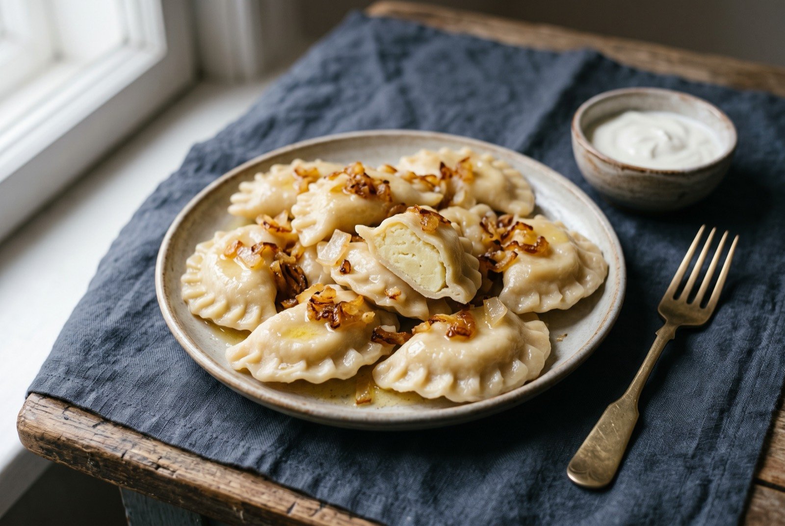 Varenyky, hand-pinched half-moon dumplings filled with potato and cottage cheese, boiled and finished with melted butter and fried onion: a dozen pale golden half-moon dumplings piled loosely on a plate, their crimped, hand-pinched edges clearly visible, glistening with melted butter.