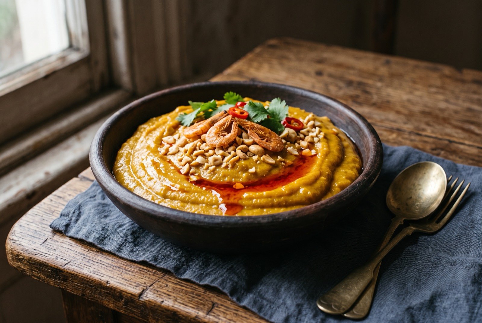 Vatapá, a bread, shrimp and peanut paste: a thick, glossy deep gold paste mounded in a dark clay bowl, smooth and porridge like rather than chunky, a faint slick of red orange dendê pooling at one edge.