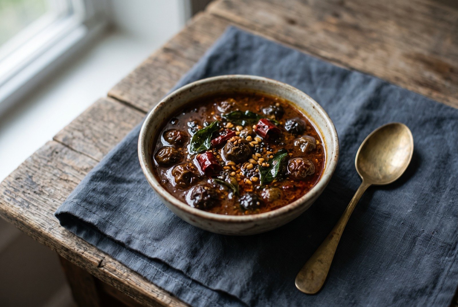 Vatha kuzhambu, a tangy dried vegetable tamarind curry: a small bowl of thin, deep reddish-brown tamarind gravy with a few sun-dried vegetable pieces visible, a thin sheen of sesame oil on the surface.