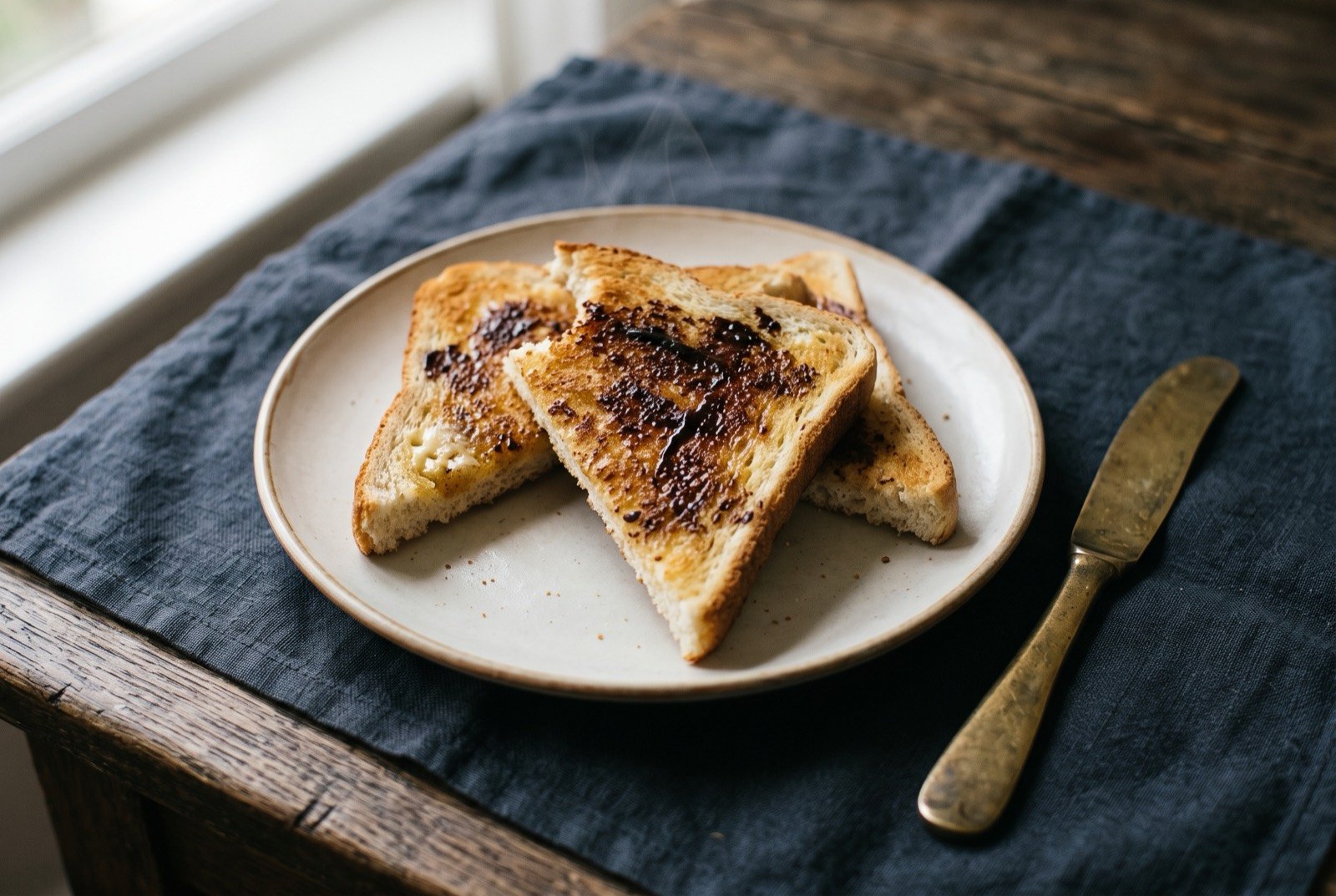 Vegemite on toast, hot buttered toast with a thin dark scrape of yeast extract: two triangles of thickly cut white toast on a plain plate, visibly buttered to the edges with a thin, dark, glossy scrape of Vegemite spread unevenly across the surface.
