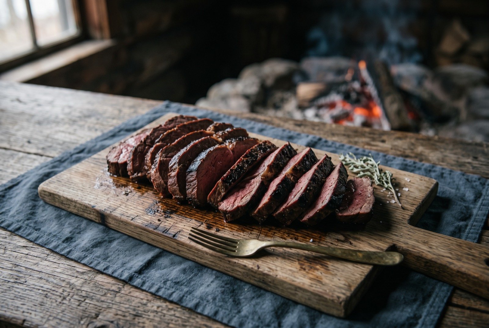 Venison and elk, whole-animal Pacific Coast game cookery: thick roasted slices of deep reddish brown venison and elk fanned across a wooden board, a dark seared crust on each cut edge.
