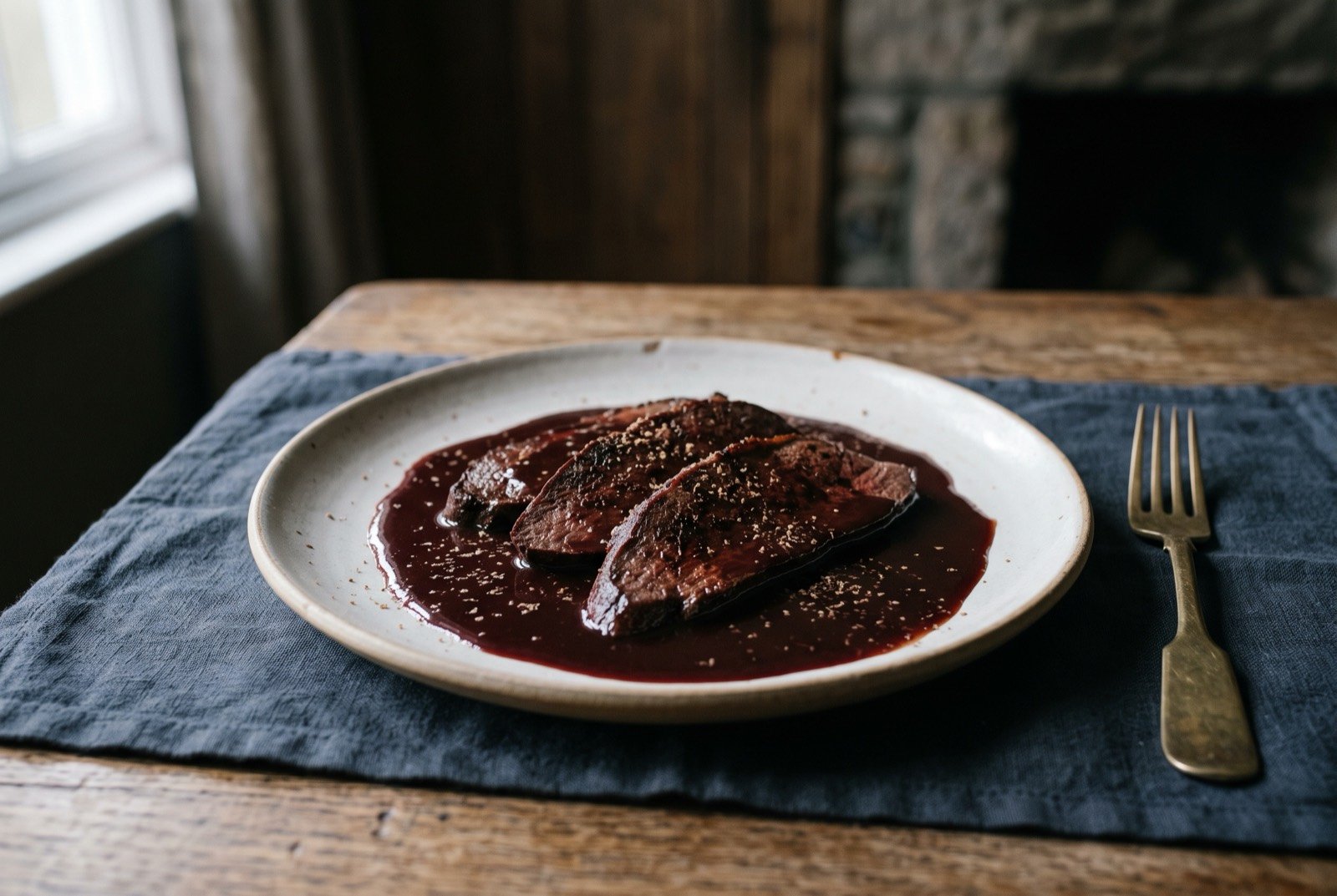 Venison collops, thin cut venison in claret gravy: three or four thin dark reddish brown seared venison slices fanned across a plain plate, a deep glossy garnet coloured gravy pooled beneath and spooned lightly over the edges.