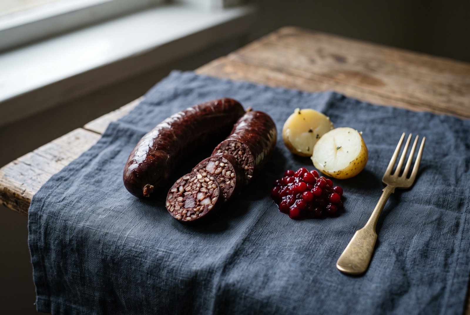 Verivorst, Estonian barley and blood sausage stuffed in natural casing and gently simmered: two dark reddish brown sausage links with a taut, glossy natural casing, one link sliced through on the diagonal to reveal a dense.