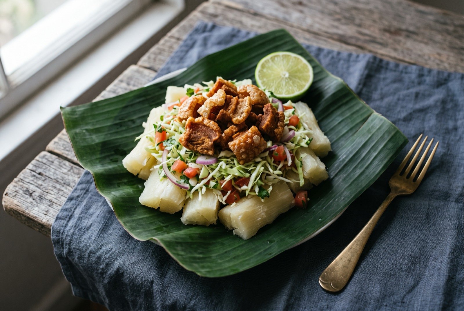 Vigorón, boiled yuca with cabbage salad and pork crackling on a banana leaf: pale ivory chunks of boiled yuca piled on a dark green banana leaf, topped with a bright, loosely dressed shredded cabbage.