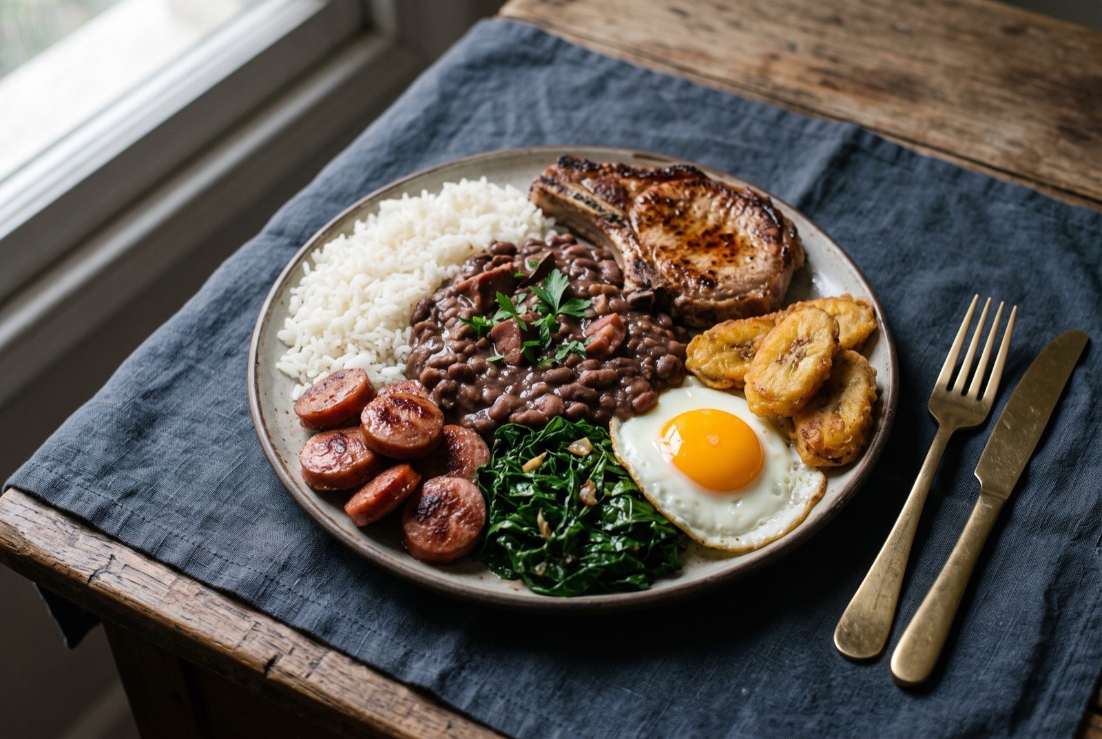 Virado à paulista, the bandeirante turned plate: a composed plate with a mound of glossy dark brown thickened beans studded with pork, a portion of plain white rice, a grilled bone-in pork chop.