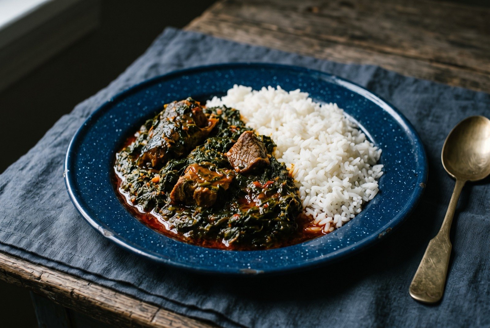 Cassava leaf stew with rice: a very dark green, dense, finely pounded cassava leaf stew glossy with red palm oil, pieces of smoked fish and beef half submerged.