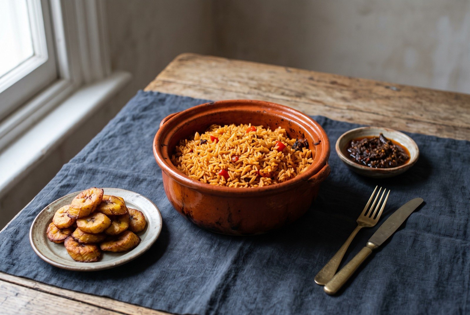 The Gulf of Guinea table: a burnt orange pot of party jollof rice with visibly separate grains and darker scorched edges, a small dish of near black shito beside it.