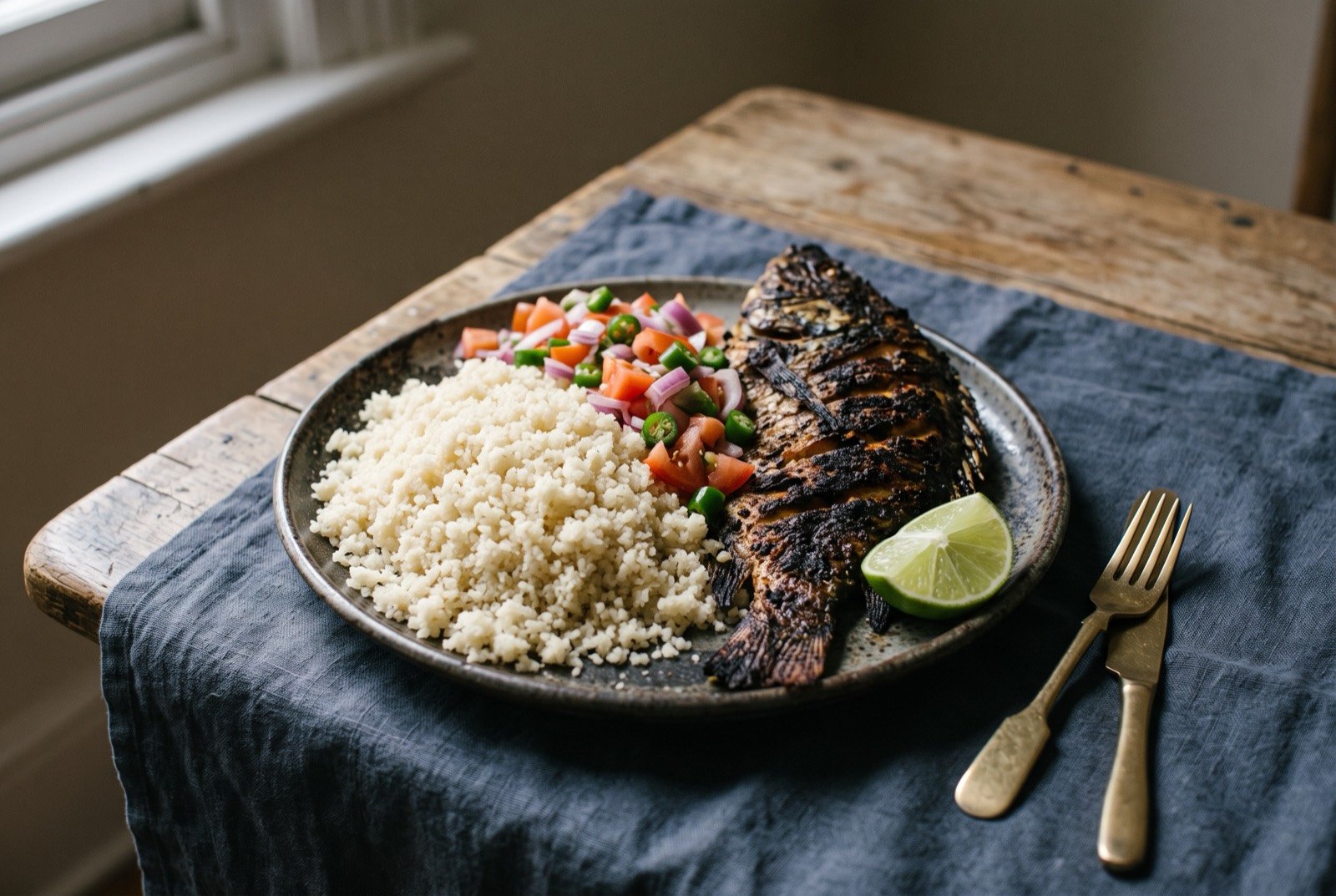 Attiéké with grilled fish: a heaped mound of pale cream coloured attiéké, fine loose fermented cassava granules with a slightly damp couscous-like texture.