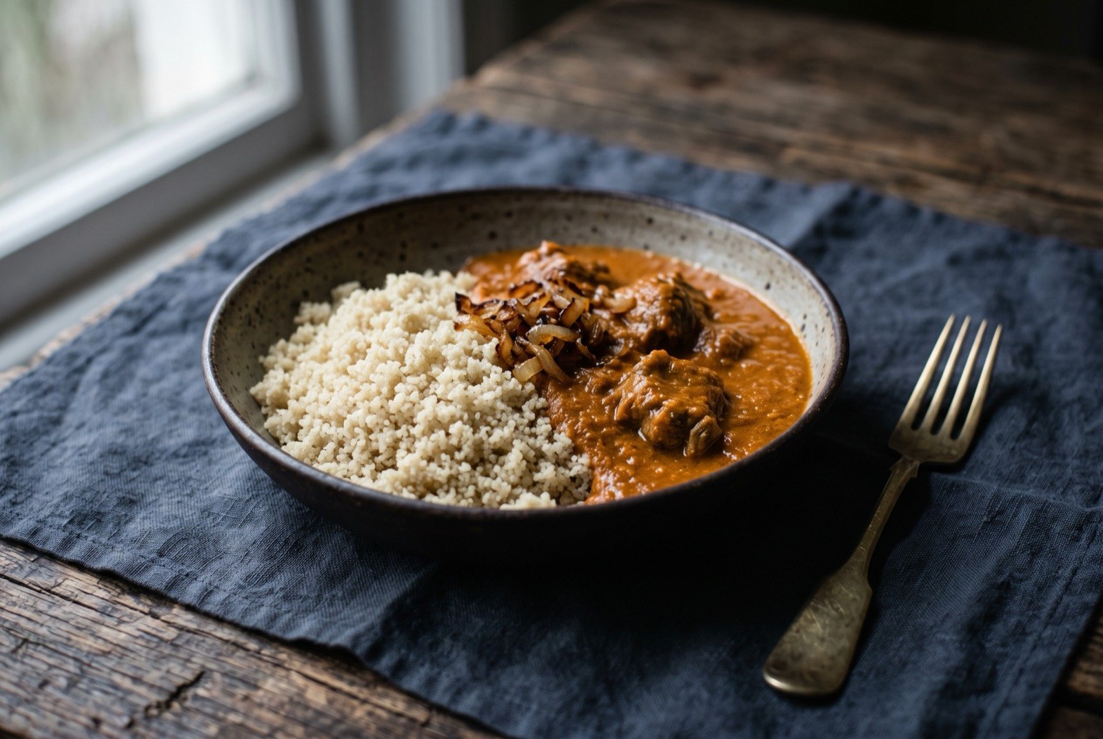 Fonio with groundnut sauce: a mound of tiny pale steamed fonio grains, finer than couscous and slightly fluffy, with a thick rust orange groundnut sauce ladled to one side.