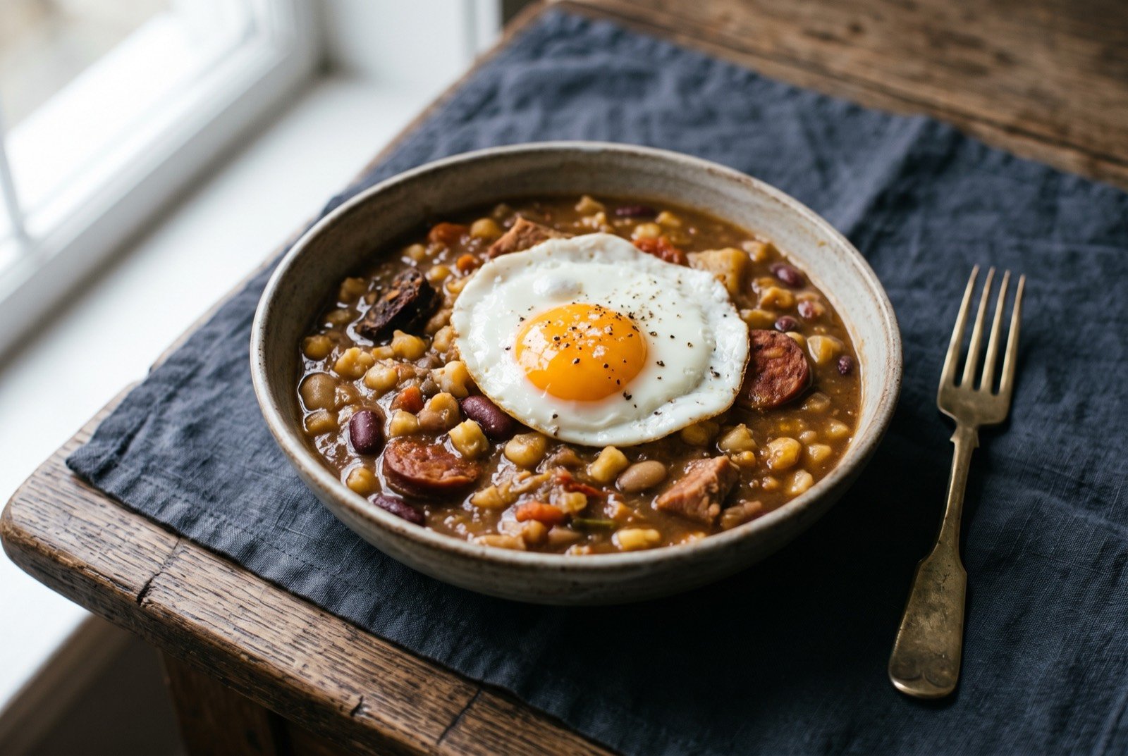 Cachupa: a deep bowl of slow cooked hominy corn and beans in a thick brown broth, pieces of pork and chorizo and cassava visible through it.