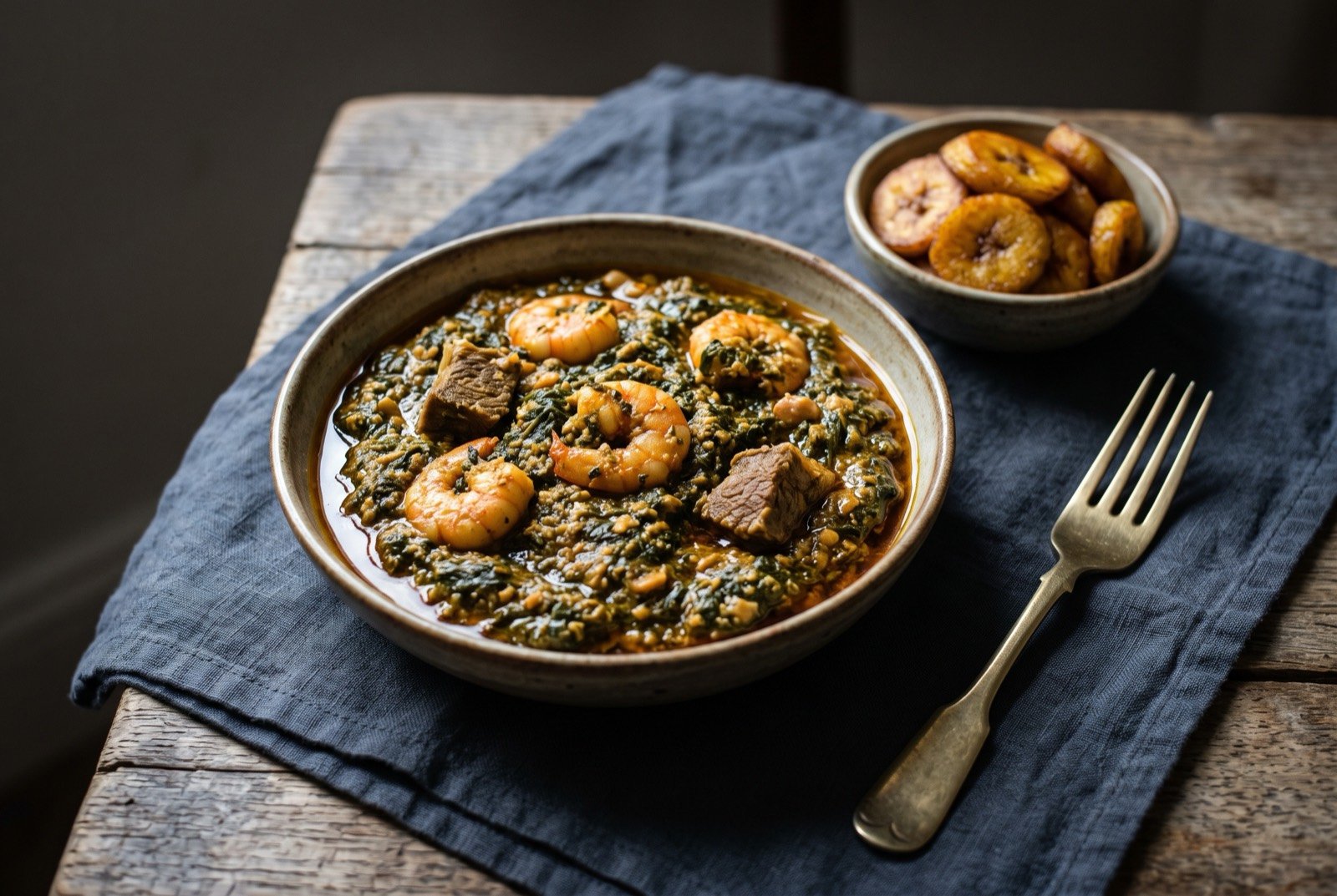 Ndolé: a very dark green bitterleaf and ground peanut stew, thick and coarse textured, with prawns and pieces of beef through it.