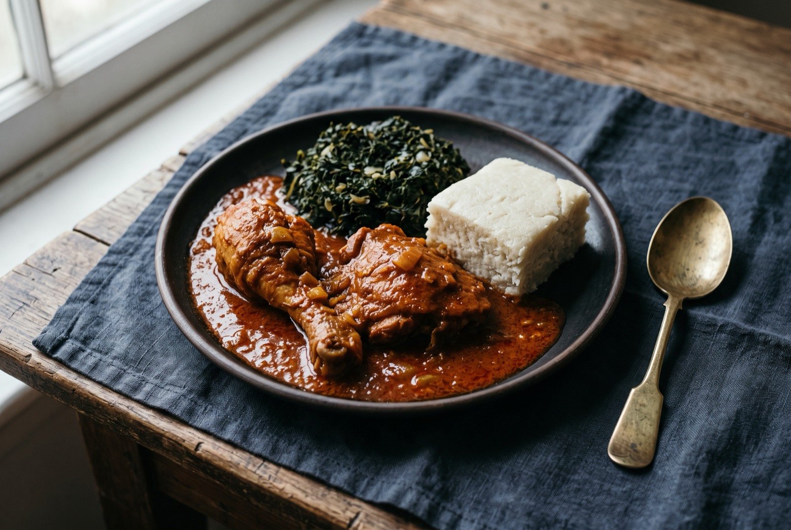 Poulet moambe with cassava leaf: a deep rust red palm nut sauce, thick and opaque, with pieces of bone in chicken half submerged, a separate mound of very dark finely pounded cassava leaf and a white block of chikwangue alongside.