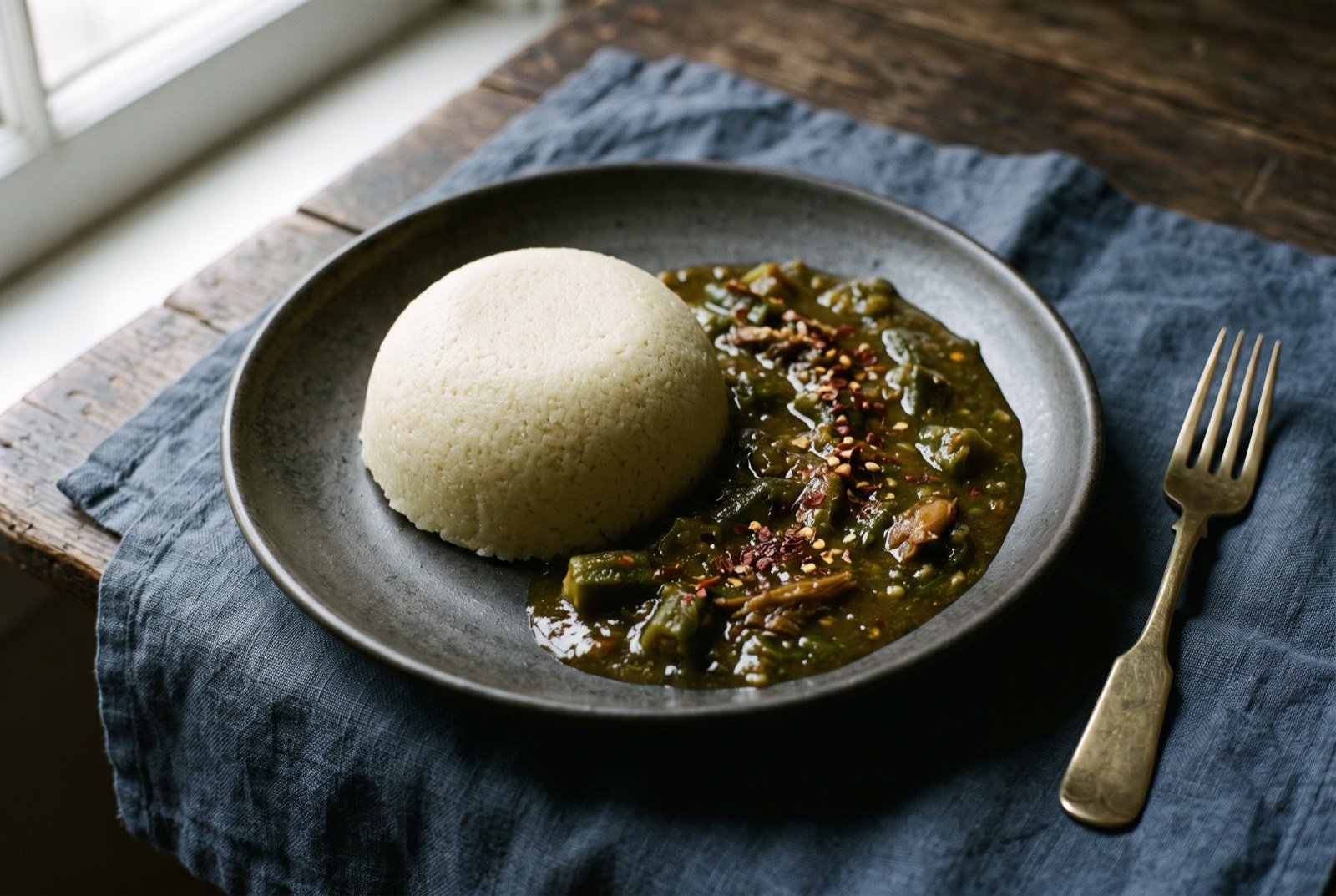 La boule with sauce: a smooth pale dome of millet boule on a wide plate, a dark green okra and dried fish sauce pooled beside it, glossy and slightly viscous.