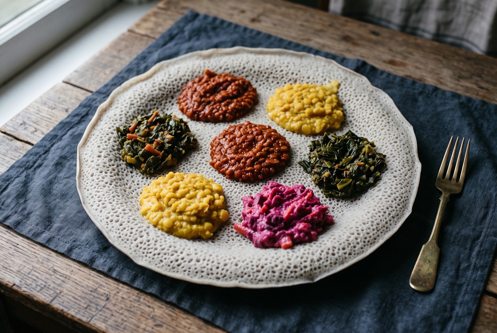 Injera with a fasting platter: a wide flat pale grey injera with a visibly porous honeycomb surface, covered with small separate mounds of red misir wat.