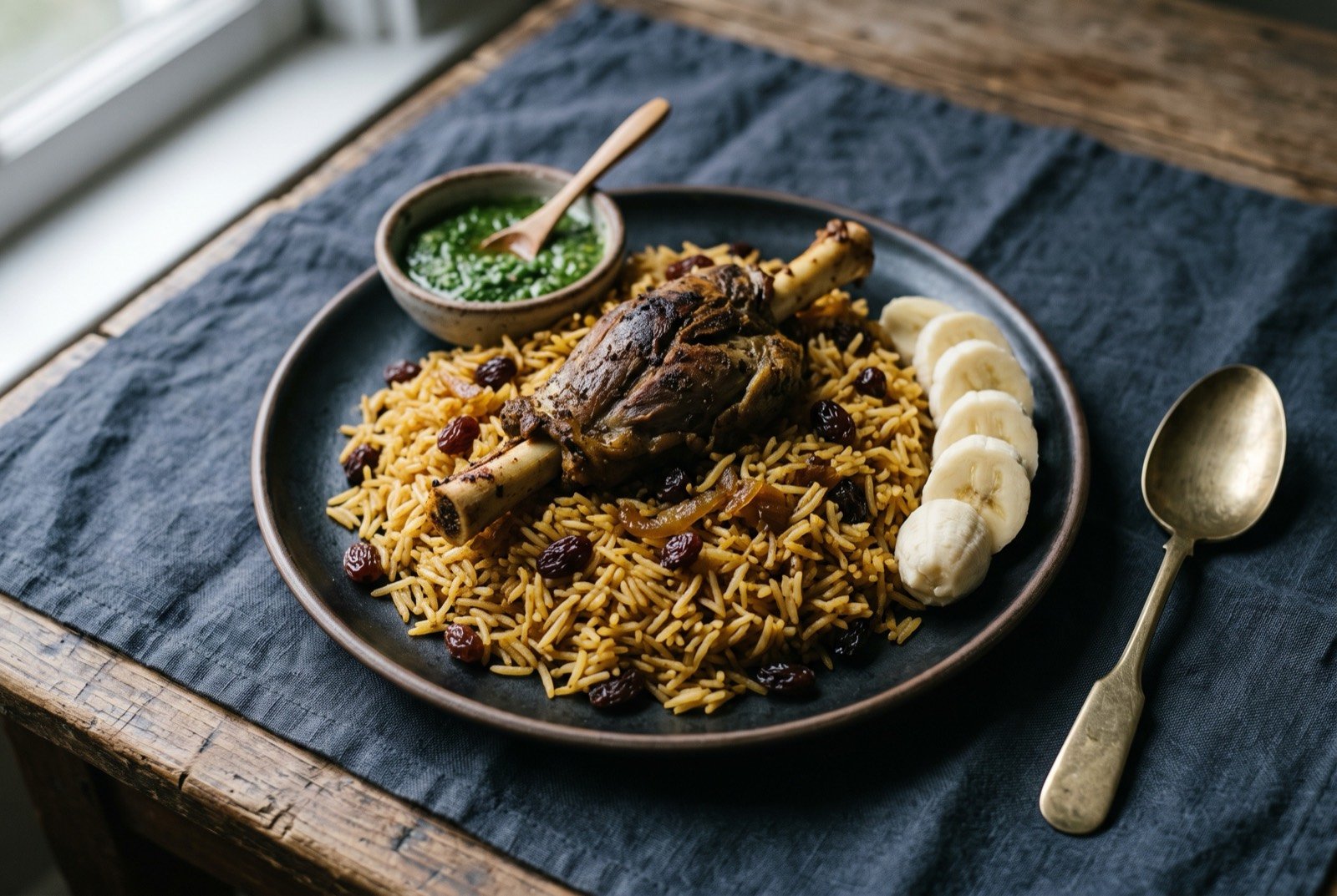 Bariis iskukaris: long grain rice stained gold and rust with xawaash spice, studded with raisins, a piece of slow cooked goat on the bone laid on top.