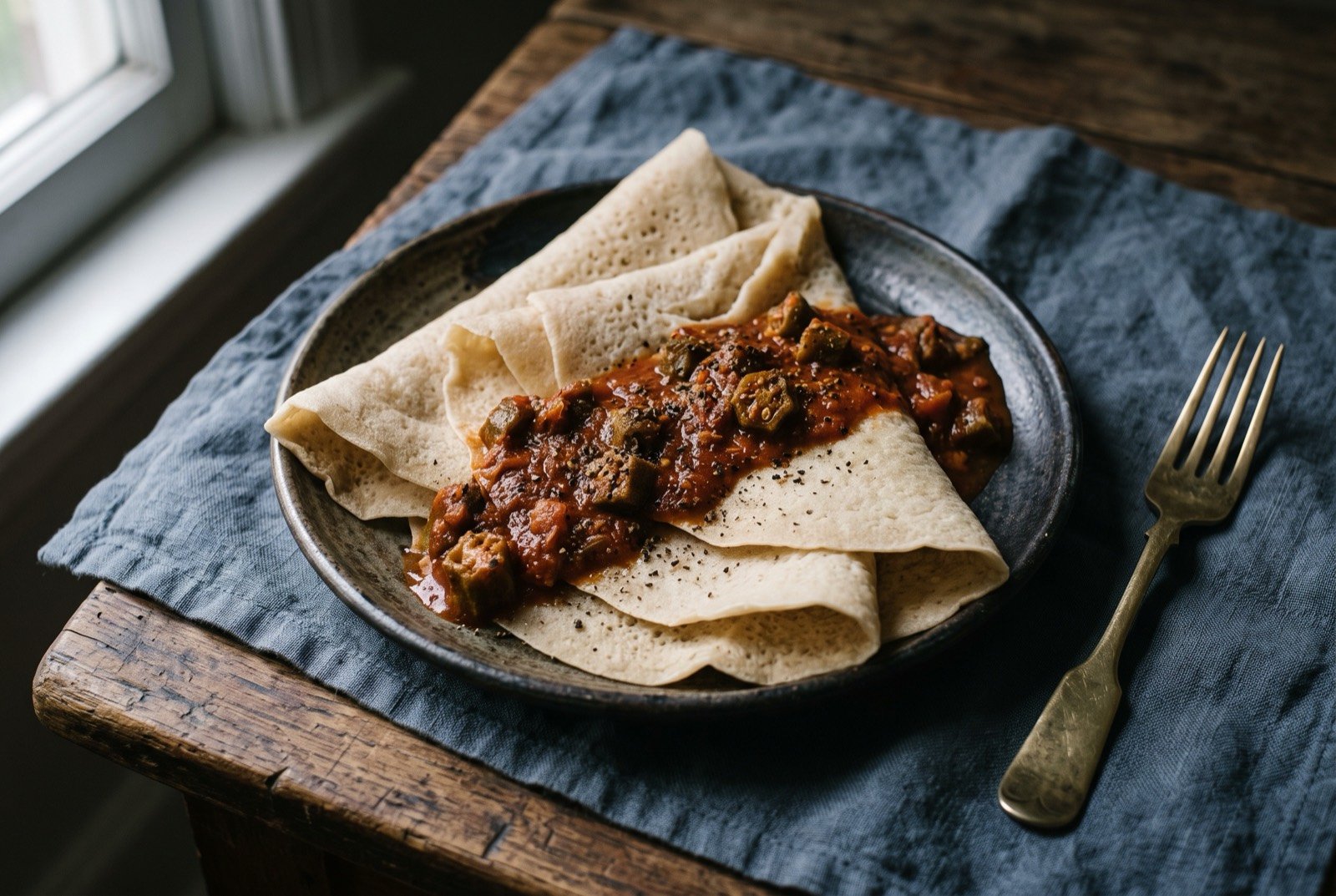 Kisra with sauce: large paper thin sheets of pale fermented sorghum kisra, folded loosely, with a thick reddish tomato and dried okra sauce spooned over one edge and a scattering of dark ground spice.
