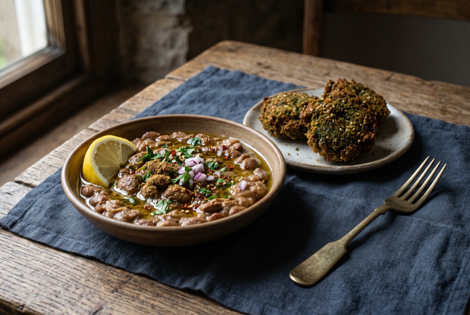 Ful medames and taameya: a shallow bowl of coarsely mashed brown fava beans glossy with olive oil, cumin and chopped parsley scattered over, a lemon wedge pressed into the side.