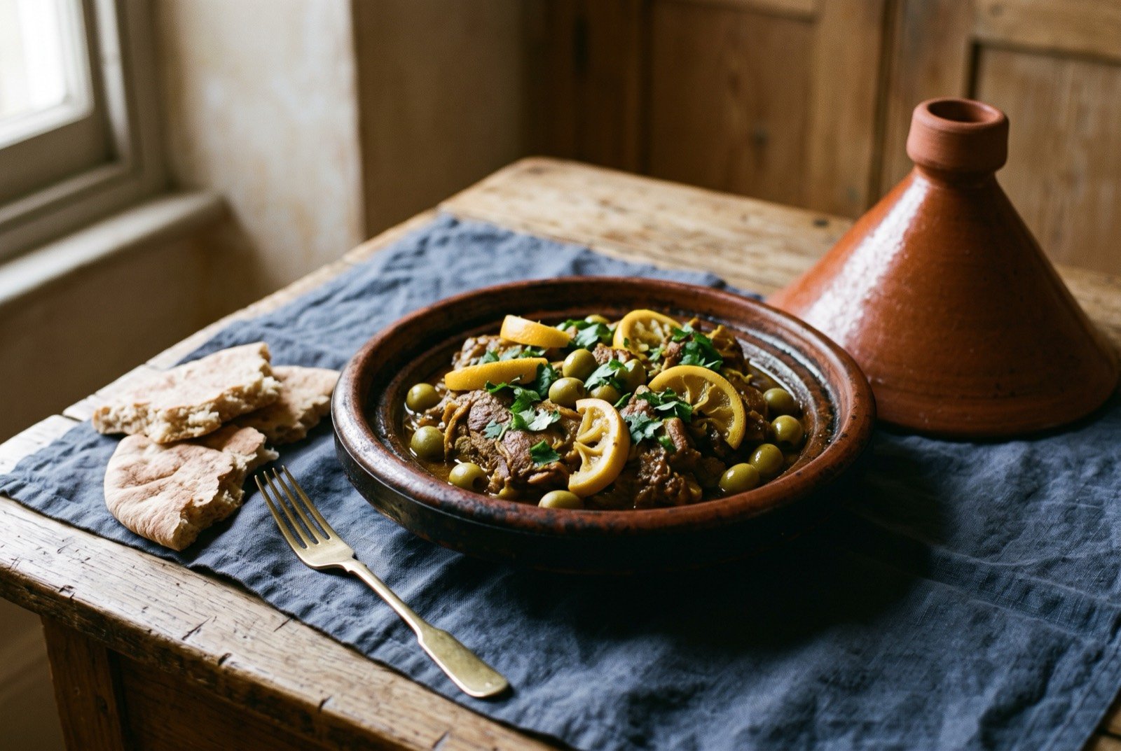 Lamb tagine with preserved lemon: a conical clay tagine with the lid set aside, revealing slow cooked lamb in a dark saffron and onion sauce, quartered preserved lemon rind and green olives arranged over the top.