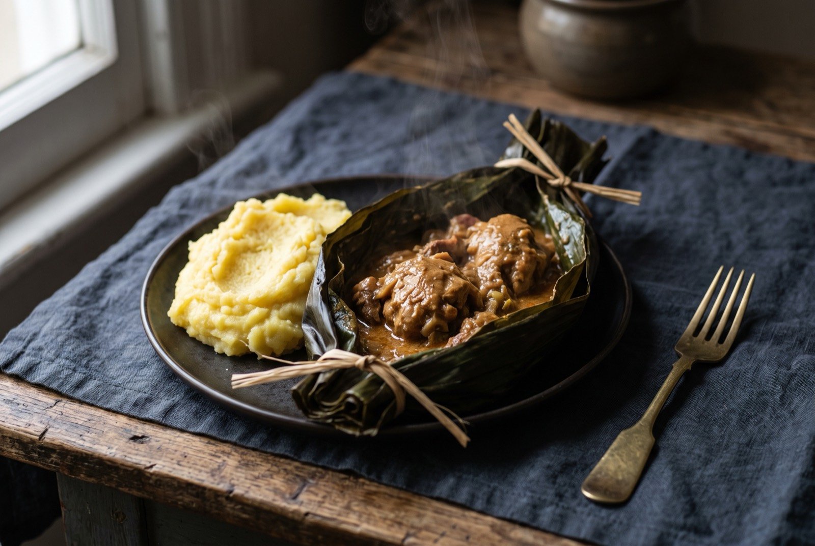 Luwombo in banana leaf: an opened dark green banana leaf parcel on a plate, still steaming, holding groundnut sauce and chicken cooked to falling apart.