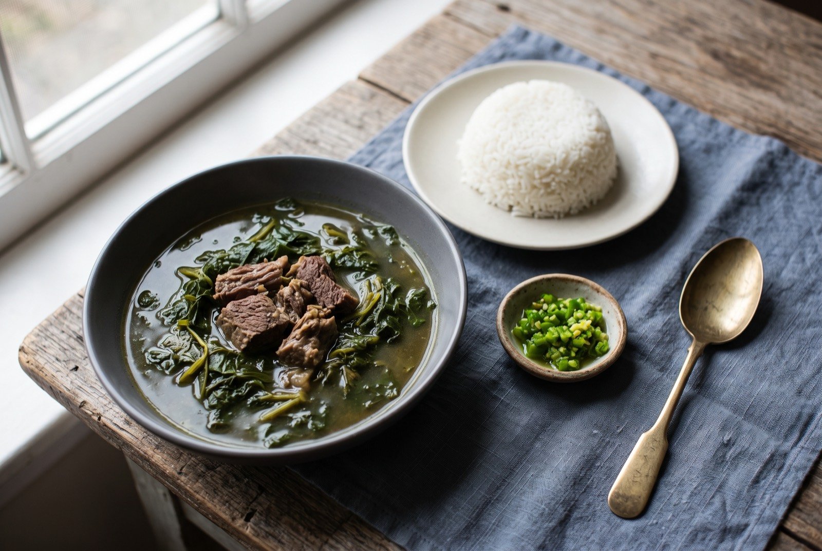 Romazava and rice: a clear amber broth in a wide bowl with dark leafy brèdes and pieces of beef, a bright green chopped chilli relish beside it.