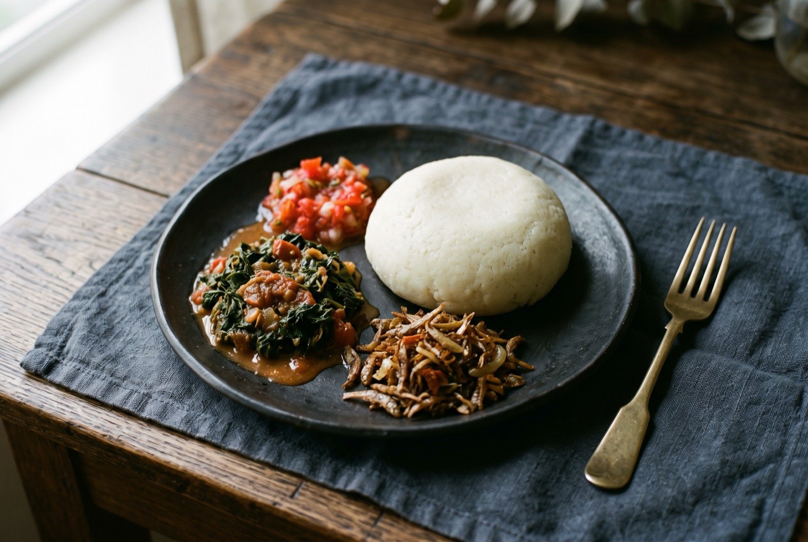 Nshima with relishes: a smooth firm white mound of nshima on a plate, with three small separate relishes around it: dark cooked pumpkin leaves in groundnut sauce.