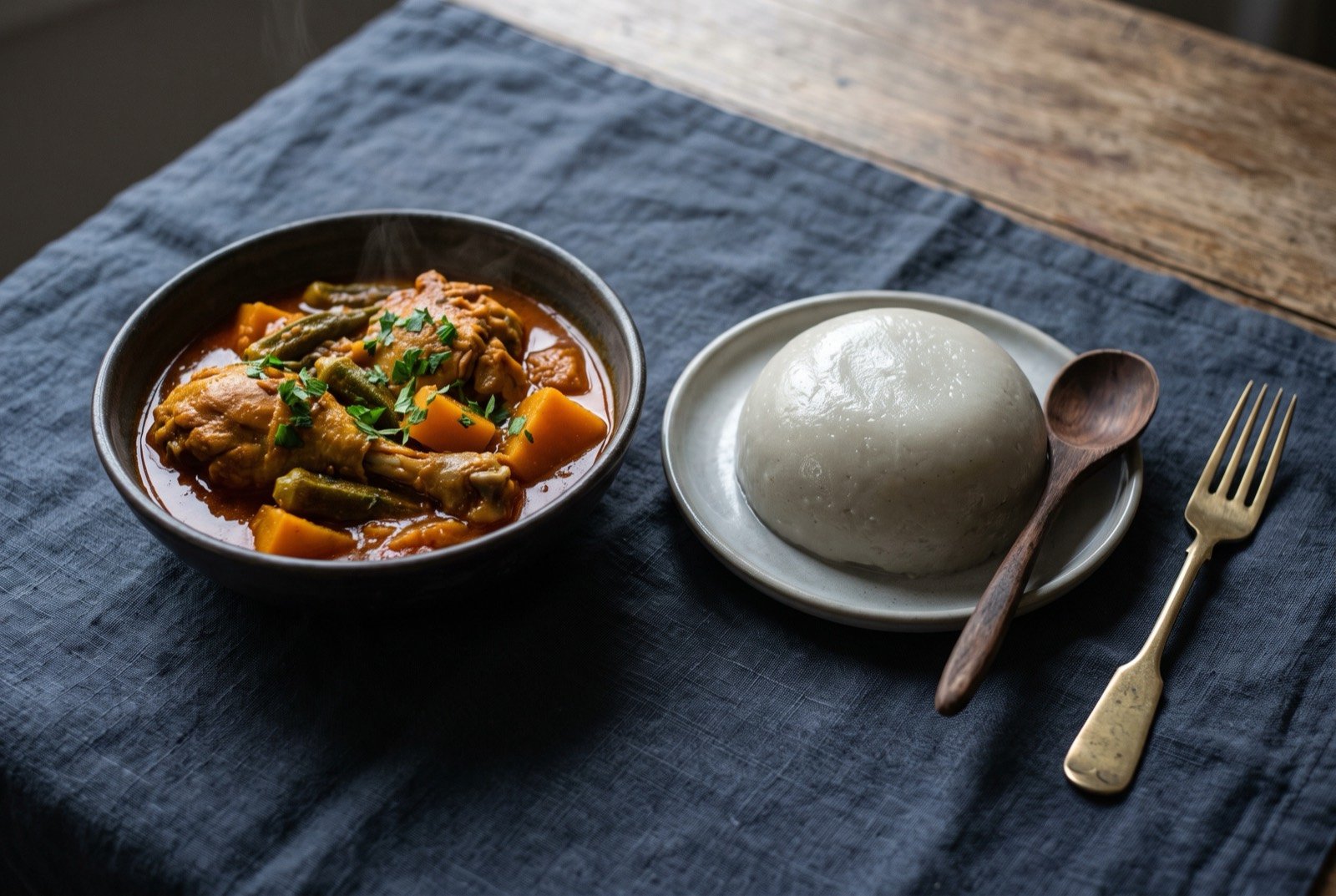Muamba de galinha with funge: a deep orange red palm oil stew with chicken on the bone, okra and squash, beside a smooth pale grey glossy dome of cassava funge with a wooden spoon resting against it.