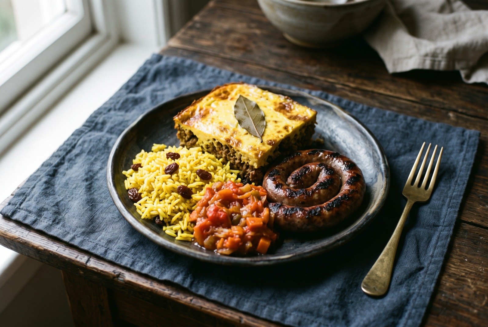 A Cape and braai plate: a browned bobotie with its set golden egg custard top and a bay leaf pressed into it, beside yellow turmeric rice with raisins.