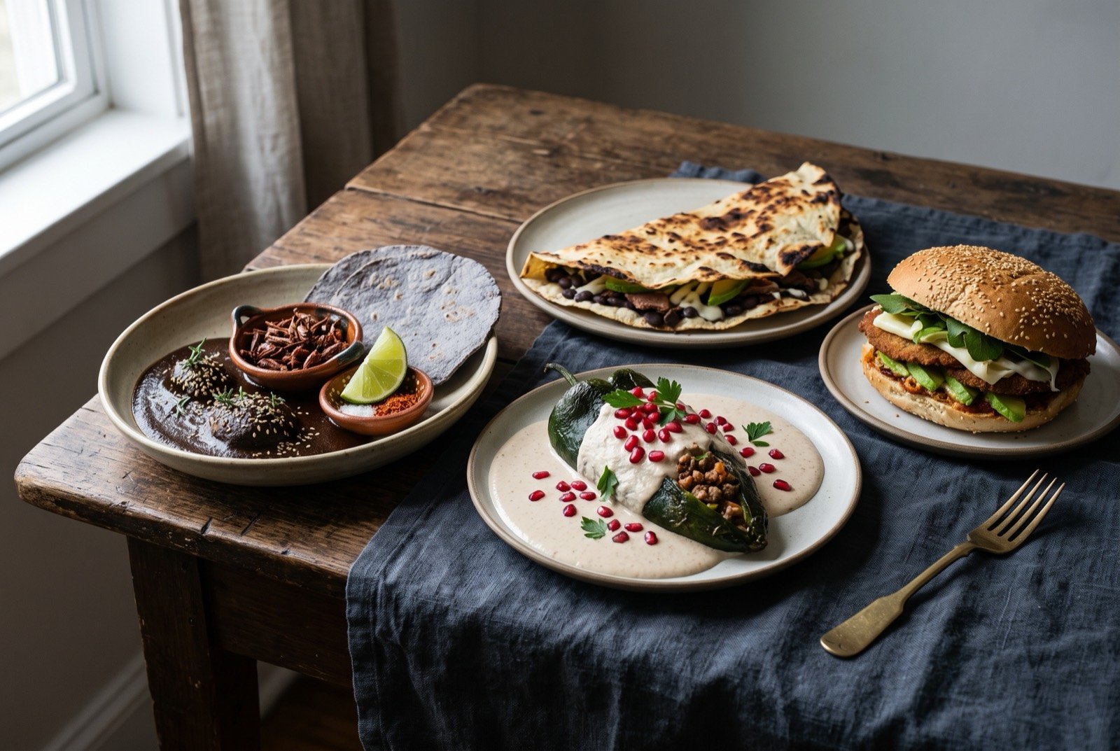 The Valley of Mexico, Puebla and Oaxaca table: a wide dark wooden table seen from above, a shallow bowl of near black mole negro beside a stuffed poblano chile bathed in pale walnut sauce and pomegranate.
