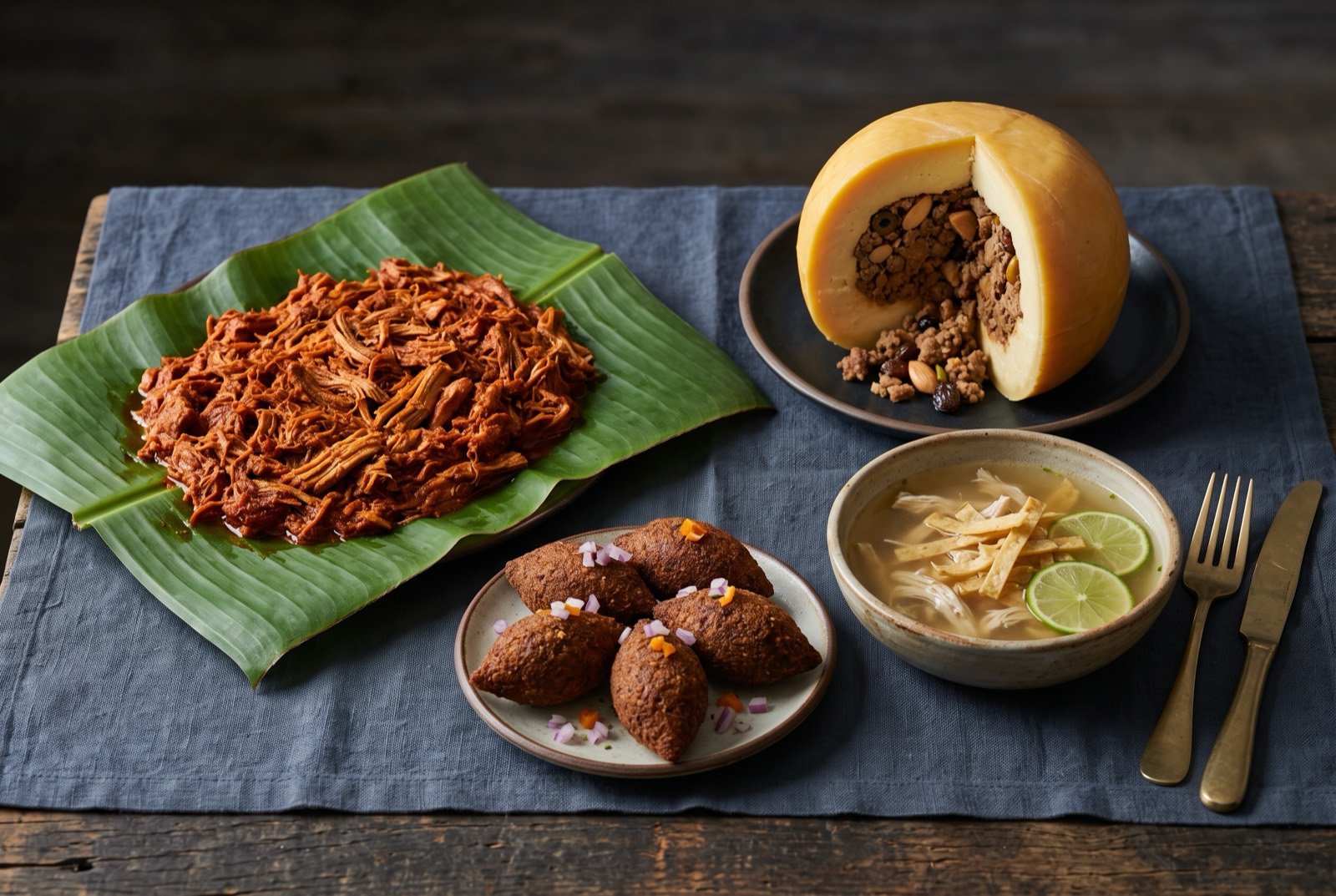 The Yucatán Peninsula table, achiote, the pib and the Lebanese layer: a wide dark wooden table seen from above, a mound of brick red shredded cochinita pibil on banana leaf beside a whole stuffed Edam cheese cut open.