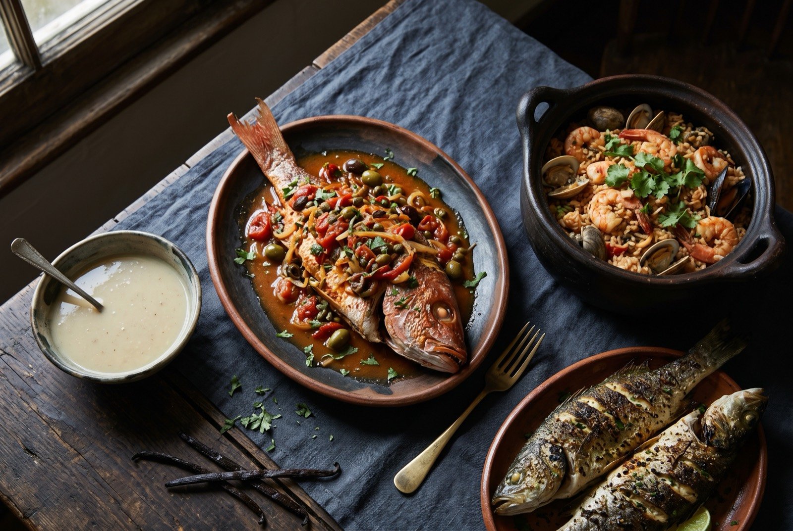 The Gulf Coast table, Veracruz and Tabasco: a wide dark wooden table seen from above, a whole red snapper in olive and caper sauce beside a clay pot of seafood rice.