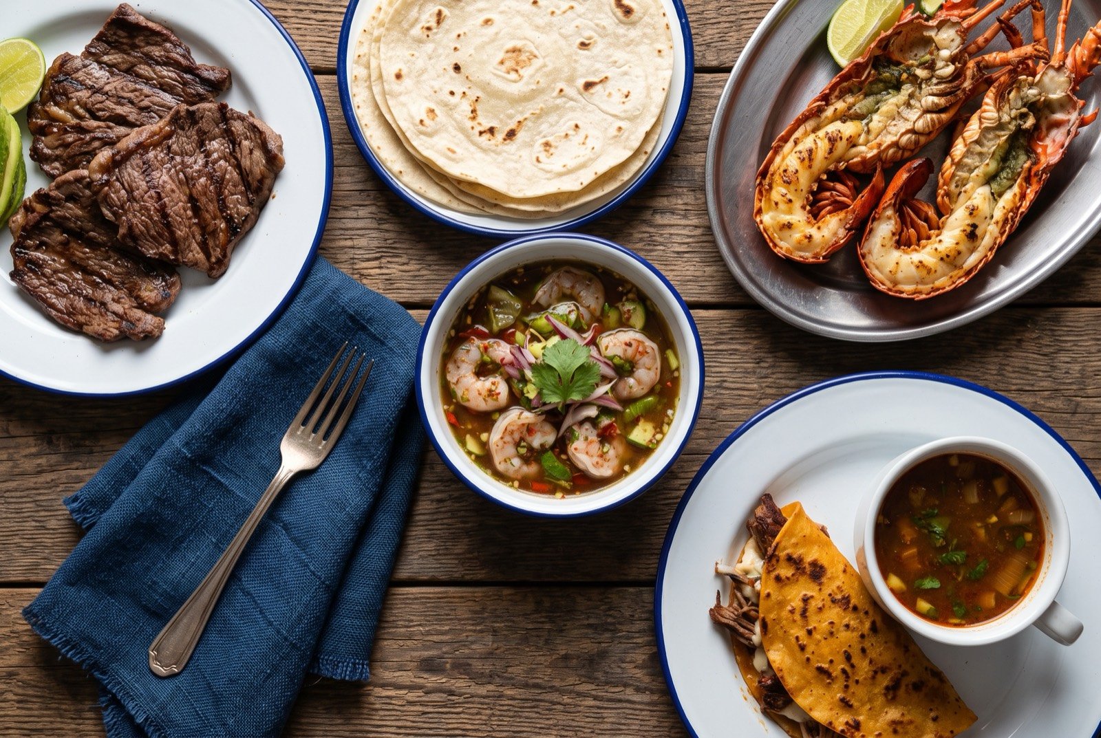 The arid north and Baja table: a wide dark wooden table seen from above, a fanned pile of charred carne asada beside a stack of giant pale flour tortillas.