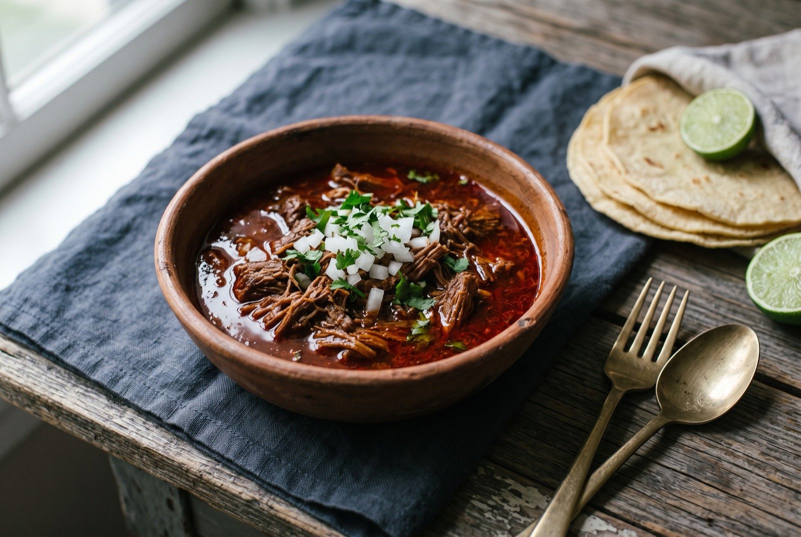 Birria, a chile-braised goat stew with its own consommé: a deep clay or enamel bowl of dark reddish brown goat stew, tender shredded meat sitting in a glossy, chile-red consommé.