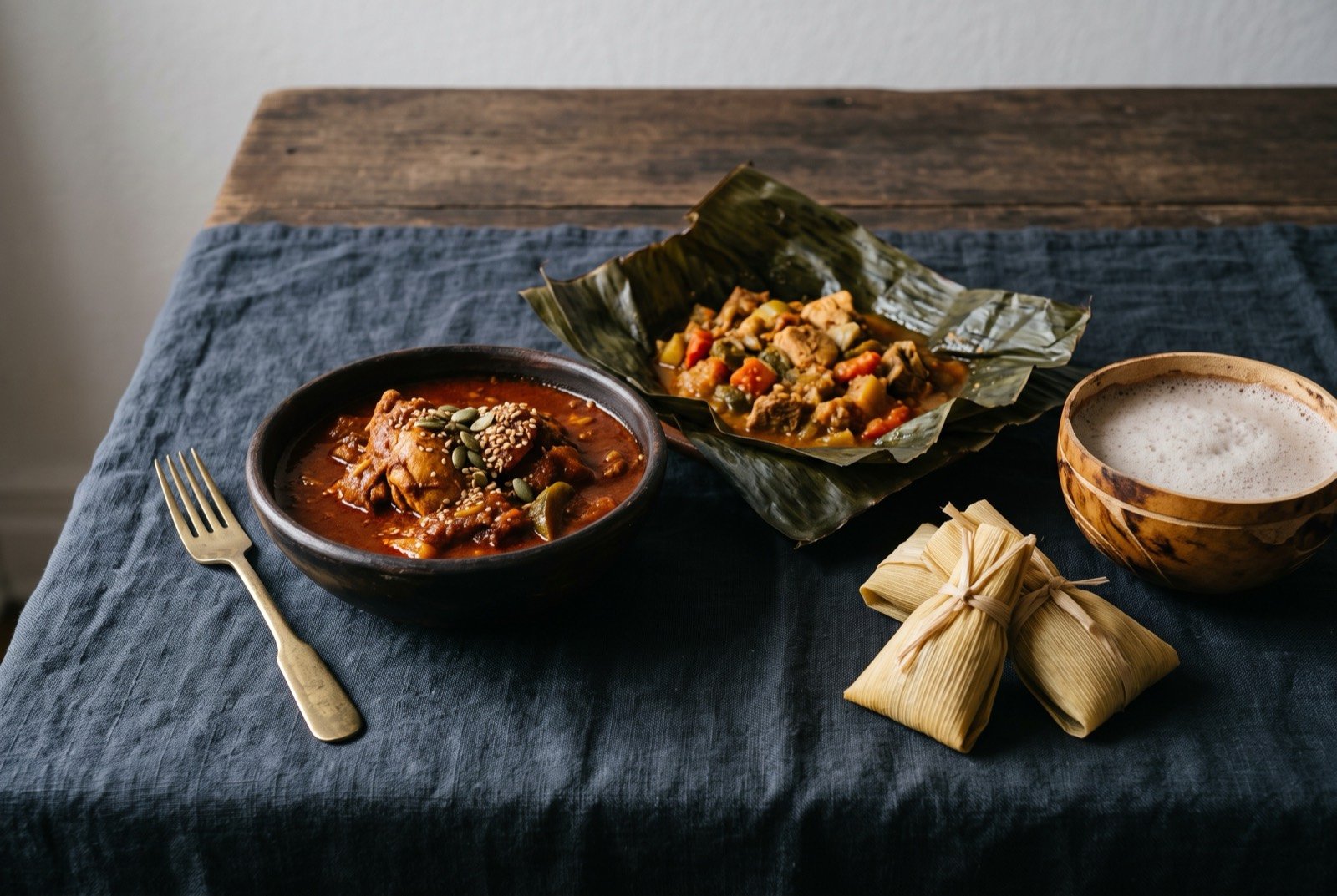 The Chiapas and Guatemalan Highlands table: a wide dark wooden table seen from above, a clay bowl of deep red pepián beside an opened maxán leaf parcel of subanik, a small bundle of corn husk wrapped chuchitos.