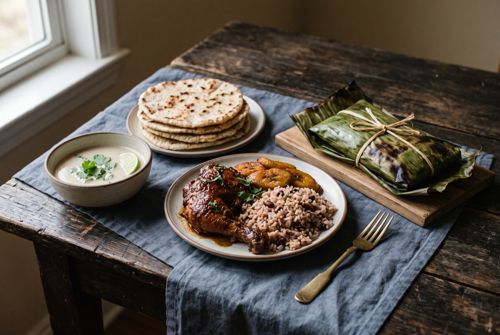 The Garifuna and Caribbean Coast table: a wide dark wooden table seen from above, a bowl of hudut's pale coconut broth beside a stack of ereba cassava flatbread.