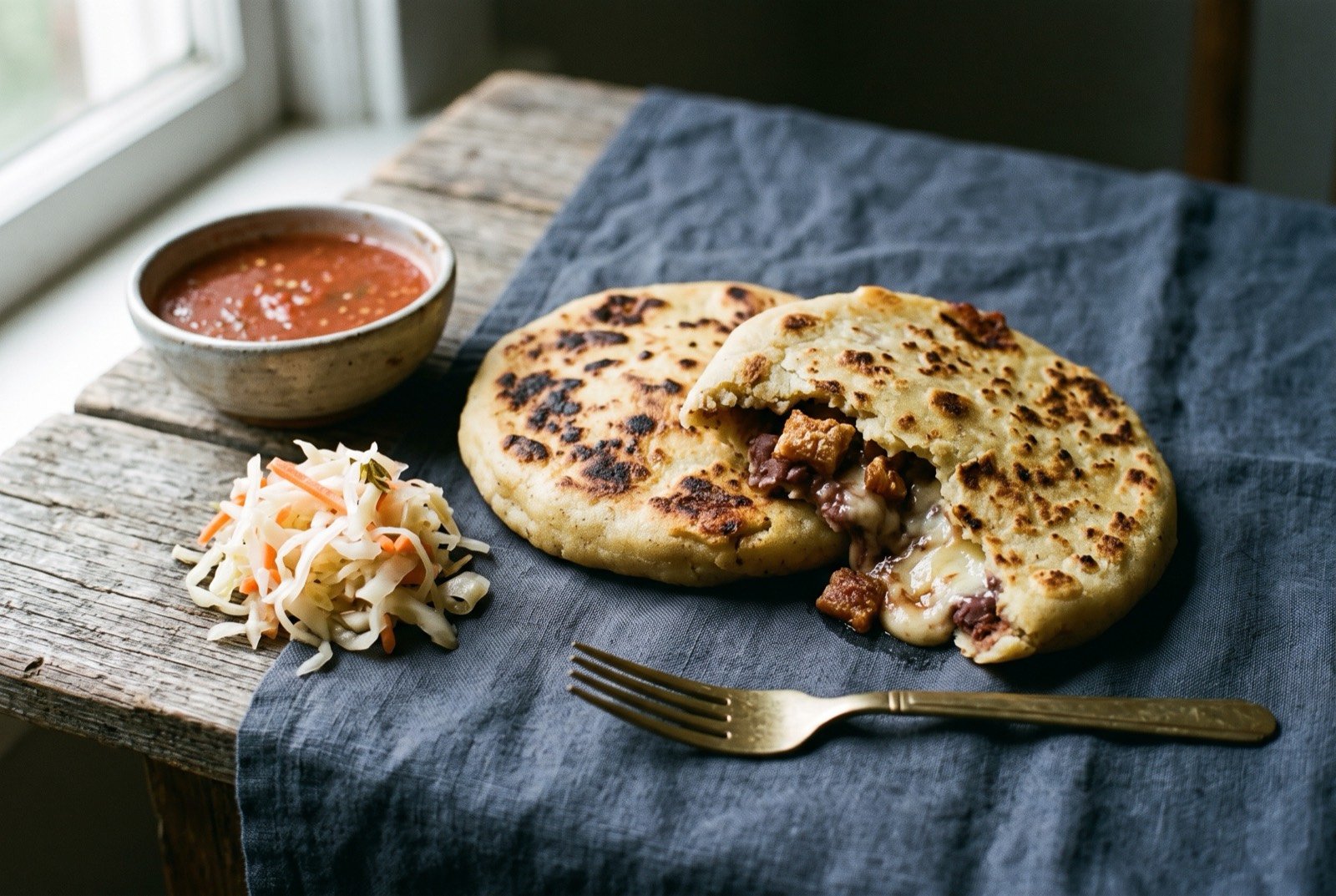 Pupusas revueltas, griddled corn masa cakes stuffed with cheese, beans and pork crackling: two thick, golden brown corn masa cakes with distinct toasted char spots and a faint puff to the surface, one cake broken open to reveal a molten mix of melted cheese.