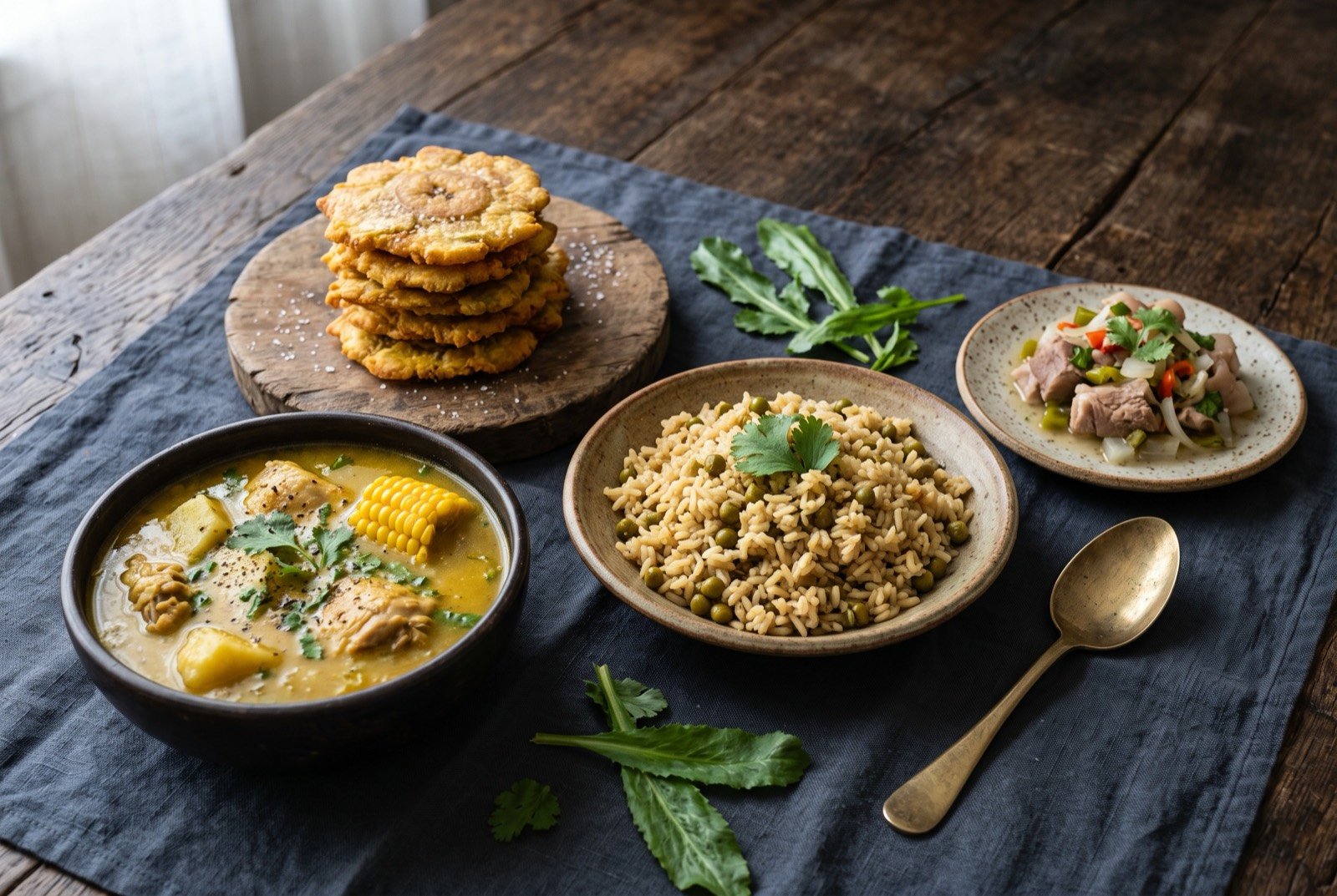 The isthmus table, Panama: a wide dark wooden table seen from above, a bowl of golden sancocho beside a stack of twice fried patacones, a shallow dish of coconut pigeon pea rice.