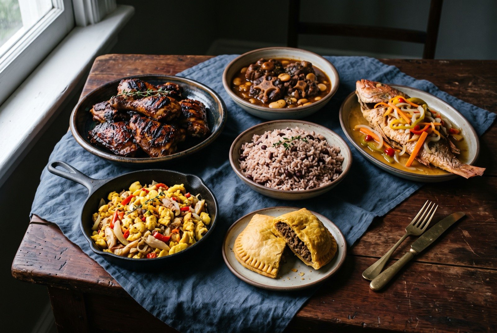 The Jamaica table: a wide dark wooden table seen from above, a pile of dark mahogany jerk chicken beside a pan of pale yellow ackee and saltfish.