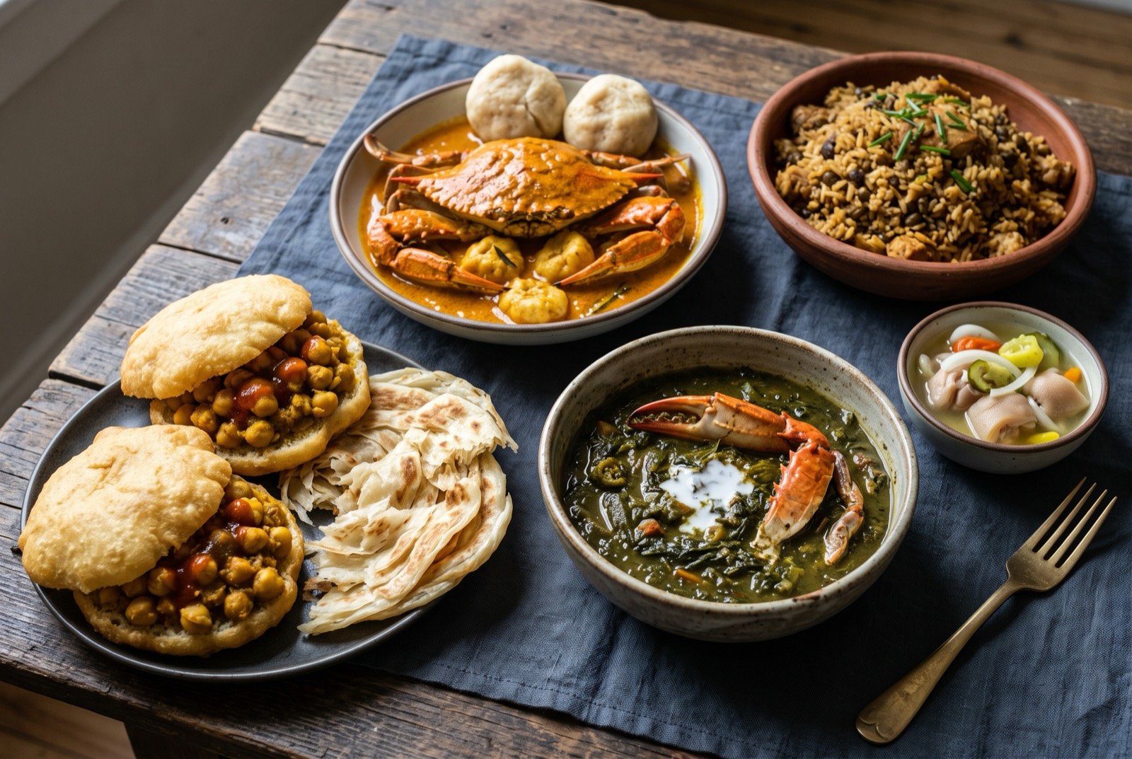 The Trinidad and Tobago table: a wide dark wooden table seen from above, two fried bara sandwiching curried channa beside a torn pile of buss up shut roti.