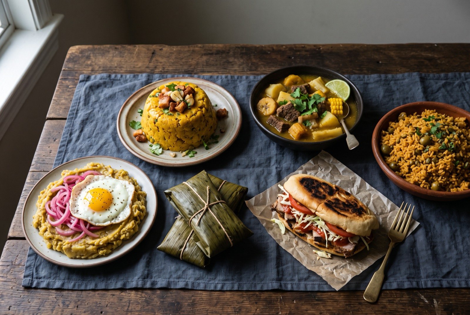 The Puerto Rico and Dominican Republic table: a wide dark wooden table seen from above, a golden dome of mofongo beside a bowl of Dominican sancocho crowded with root vegetables.