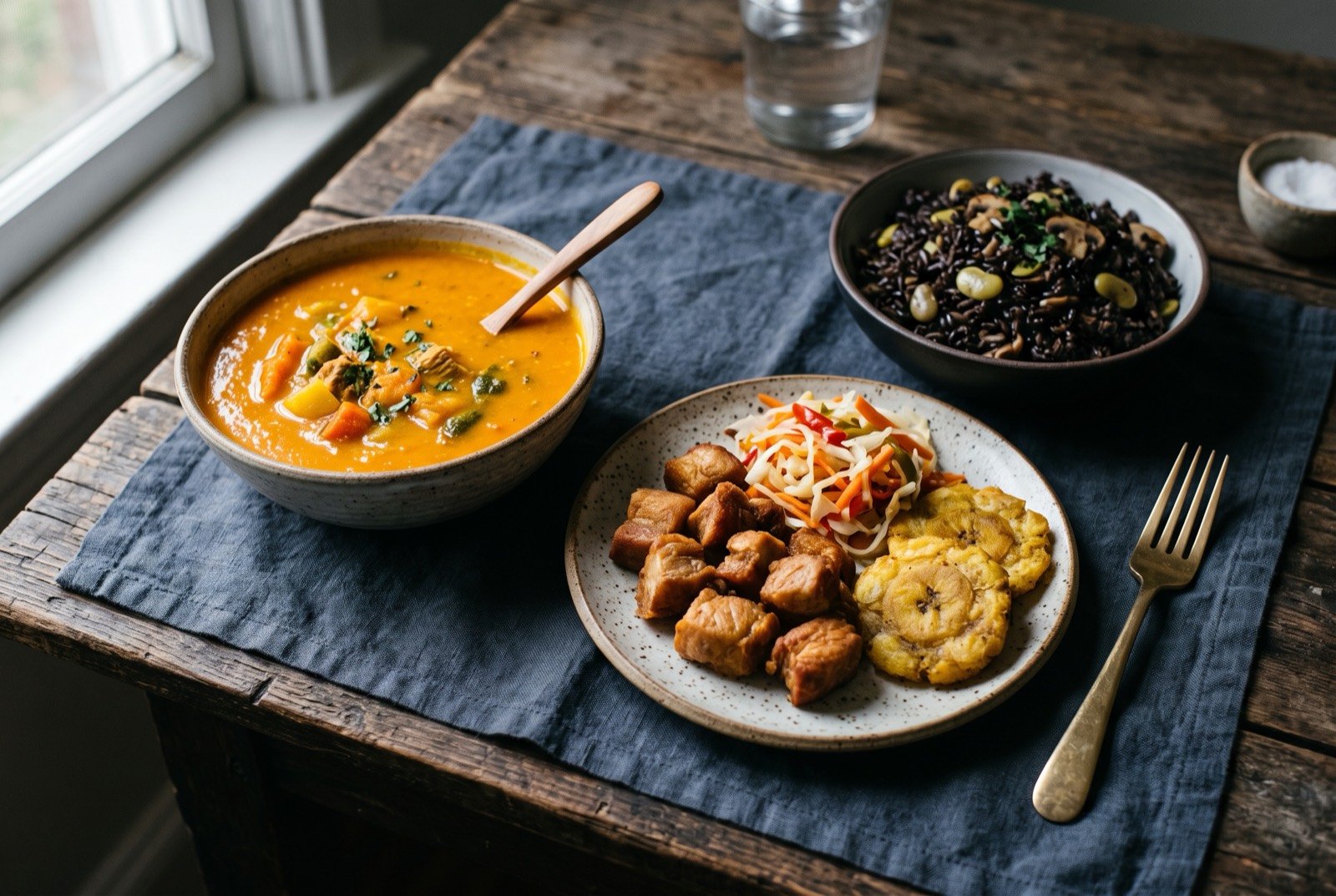 The Haiti table: a wide dark wooden table seen from above, a bowl of deep orange soup joumou beside a plate of golden fried griot with a small mound of pikliz.