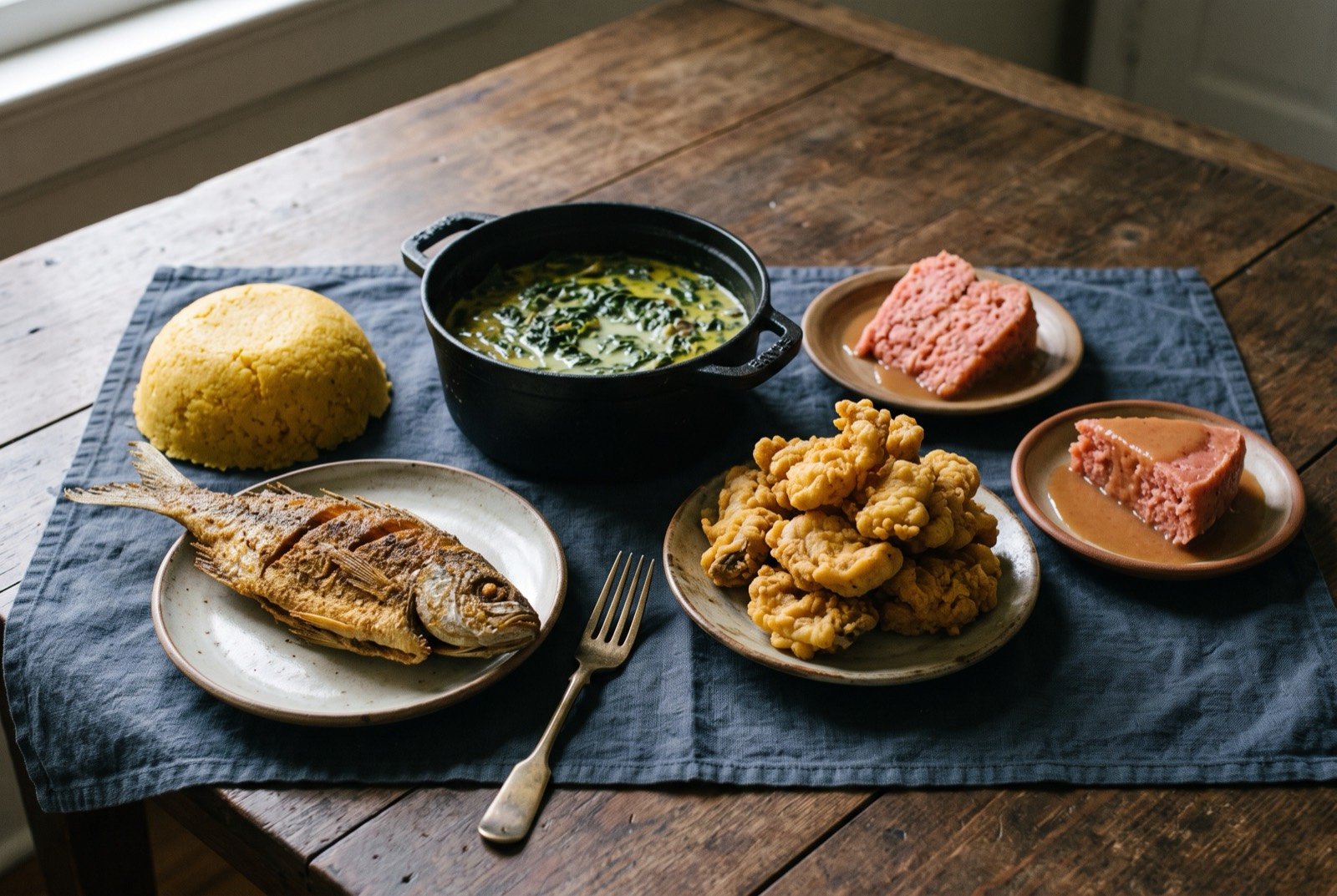The Barbados, Eastern Caribbean and Bahamas table: a wide dark wooden table seen from above, a golden dome of cou-cou beside a whole fried flying fish, a black pot of oil down with its coconut sheen and green callaloo leaf.